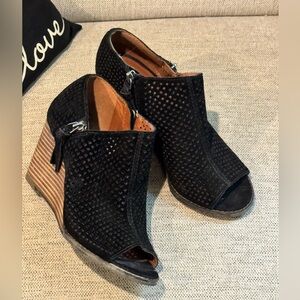 Lucky Brand Black Perforated Suede Peep Toe Wedge Bootie Size 37